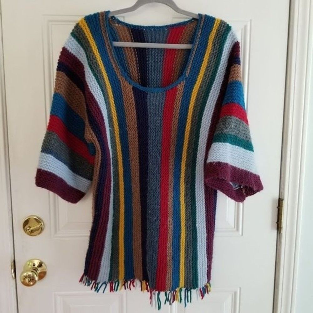Chunky Knit Crochet Colorful Striped Sweater Fringe Hem Artsy Sz L Boho Handmade